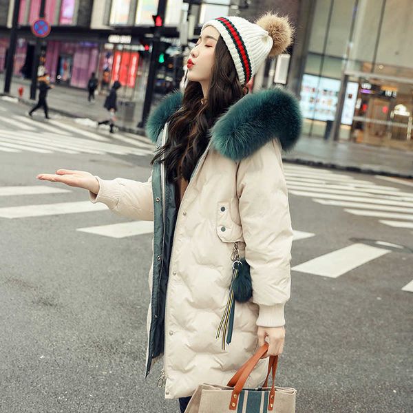 

down et medium length winter clothing korean loose fashion thickened hooded women's real big hair collar coat
