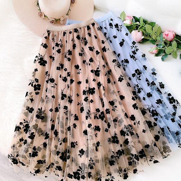 

womens skirts floral print high waist pleated long tulle skirt women summer a line tutu elegant black white blue