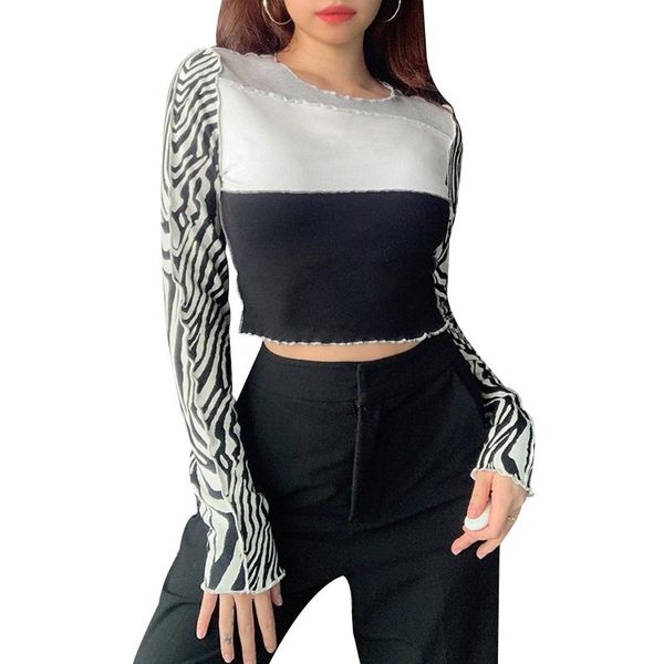 

women patchwork slim crop long sleeve o neck print t-shirts female fashion autumn spring short tee women's t-shirt, White