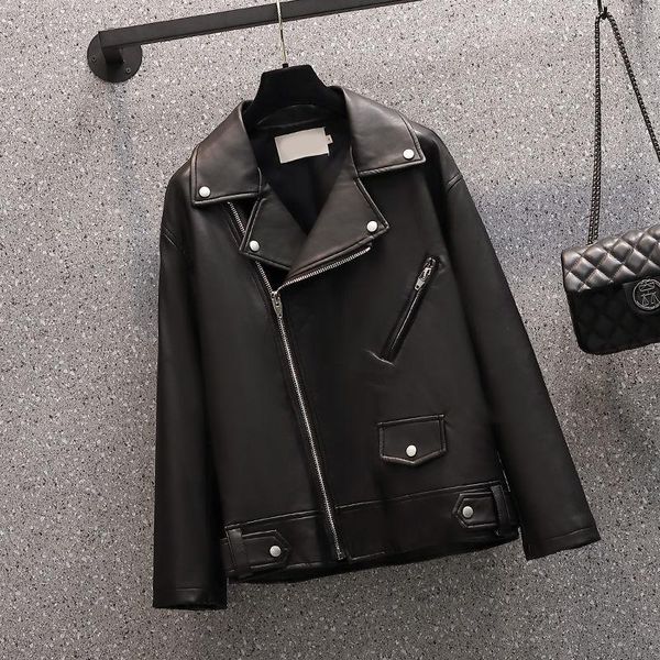 

women's leather & faux pu jackets women bf loose zipper motorcycle streetwear coats full sleeve spring fall black washed artificial