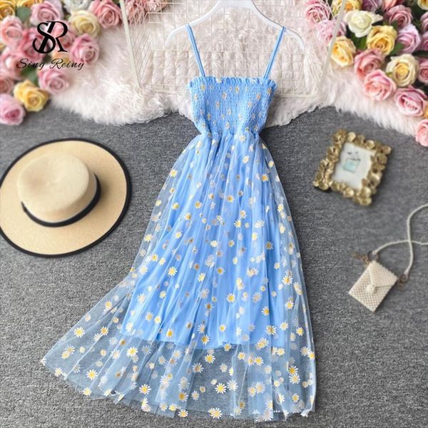 

singrain daisy print summer women dress lace mesh spaghetti strap ruched floral vestidos korean style long, Black;gray