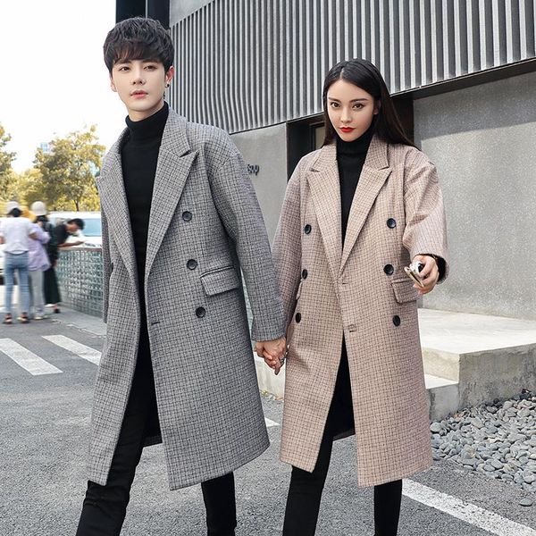 

men's wool & blends men trench coat jacket leisure long sections plaid woolen male casual fashion mens windbreaker, Black
