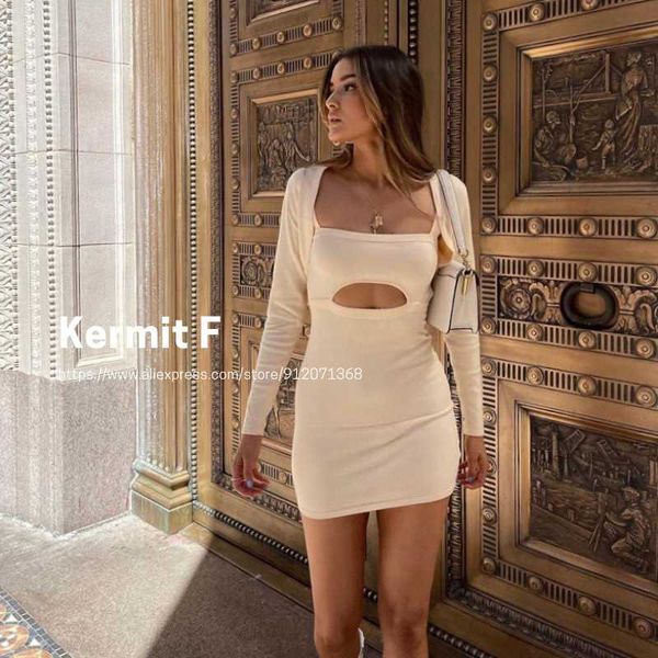 

casual dresses [kermit f] fashion halter long sleeve slash neck low-cut hollow out slim wrap hips backless bodycon cardigan dress suit, Black;gray