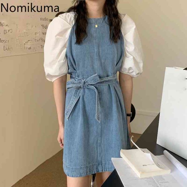 

nomikuma elegant patchwork demin dress puff sleeve korean vestido femme chic o-neck lace up slim waist jeans woman dresses 6h496 210427, Black;gray