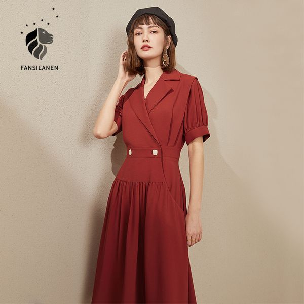 

FANSILANEN Elegant office lady long blazer dress Women short sleeve wrap vintage chiffon dress Spring summer sexy black dress, Red