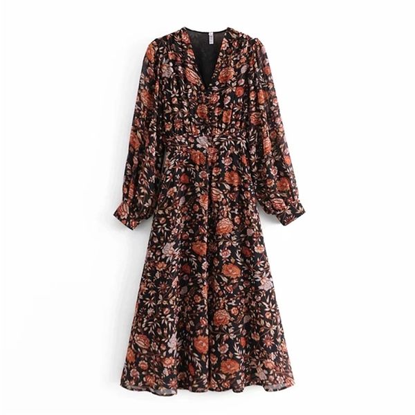 

print a line chiffon midi dress women bohemian v neck chic es elastic waist long sleeve casual summer vestidos 210513, Black;gray