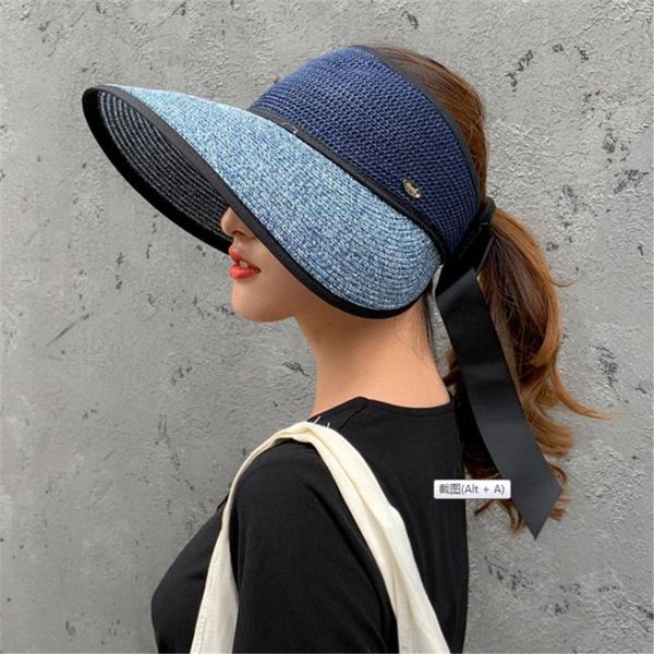 

wide brim hats women's roll-up straw sun hat big bowknot summer beach adjustable ess 2021 fashion, Blue;gray
