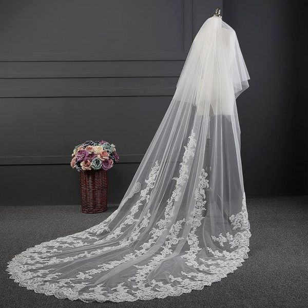 

bridal veils real pos wedding accessory 2 tiers veil lace edge chapel length long with metal comb voile mariage, Black