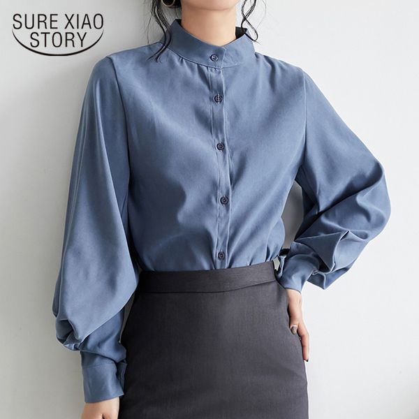 

autumn winter female long shirt korean vintage lantern sleeve stand collar loose women and blouses 6593 50 210417, White