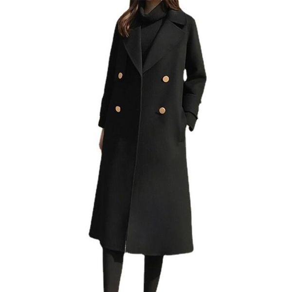 

women's wool & blends streetwear women autumn winter long sleeve hepburn style overcoat solid casual woolen coat korean jacket fashion, Black