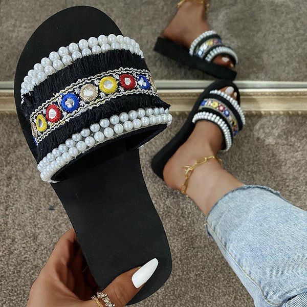 

slippers 2021 pearl women sandals flat shoes bohemia blogger indie folk vintage beach flip flop, Black