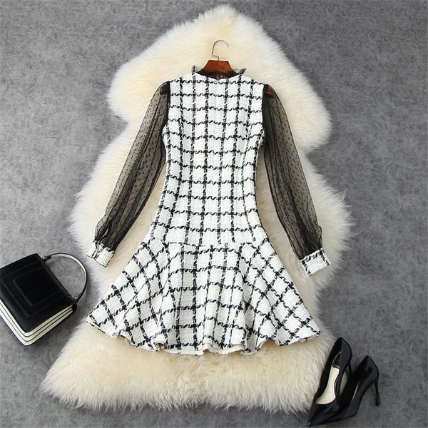 

two piece dress runway female fashion designer long sleeve crocheted trimmings chess tweed wool gowns autumn clothes winter 7qxi, White