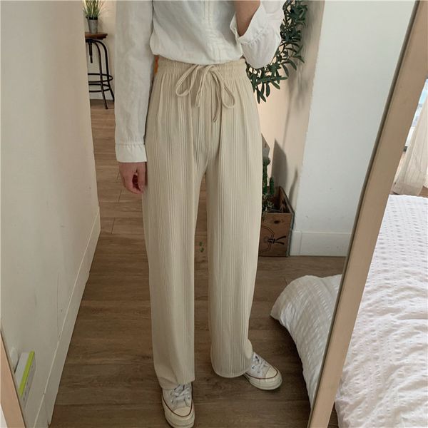 

high waist loose summer all match elastic slender straight office lady casual solid wide leg trousers 210421, Black;white