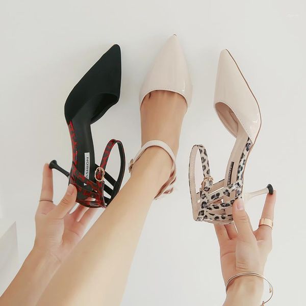 

dress shoes summer sandals women woman pointed toe buckle strap leopard plus size ladies pumps thin high heels hollow casual, Black