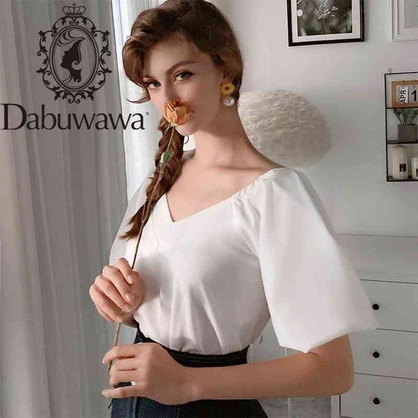 Dabuwawa Verão Branco Doce Blusa Mulheres Lanterna Sleeve Sexy V-Neck Elastic Hem Sólida Camisas Básicas Escritório Damão D18BST394 210520