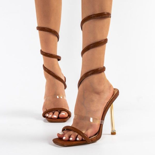 

dress shoes ankle surround transparent women sandals snake print high heels square toe stiletto summer for plus size 35-42, Black