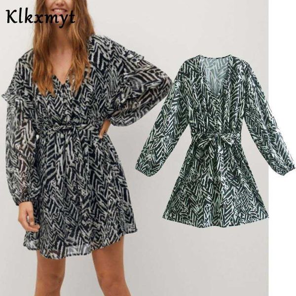 

klkxmyt za dress women chic fashion folds print mini vintage long sleeve v nekc sashes female es vestidos mujer 210527, Black;gray