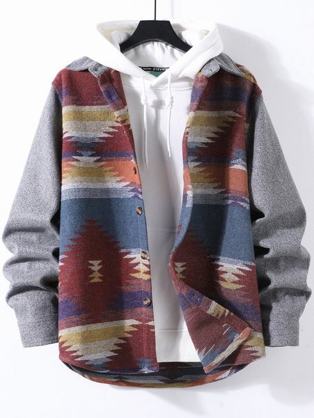 

men geo print curved hem overcoat without hoodie h5vd#, Black;brown