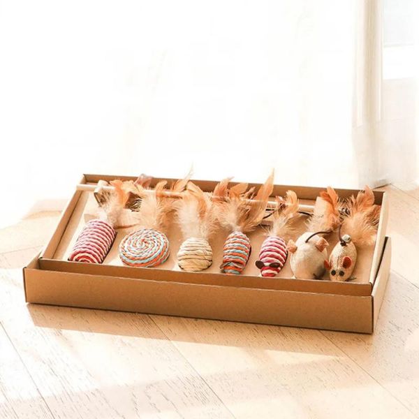 

cat toys 7pc funny kitten teaser interactive toy rod and feather for cats stick mouse