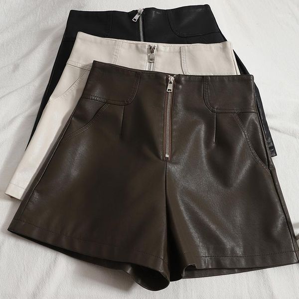 

women's shorts faux leather for women high waisted wide leg front zipper pu fall winter booty ropa para mujer black beige, White;black
