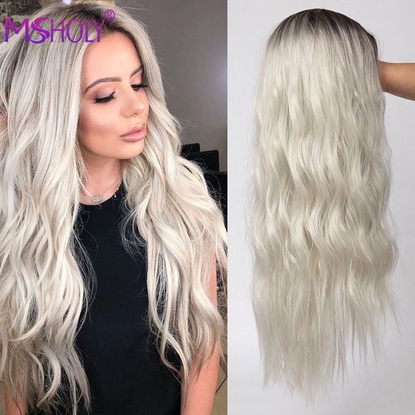 

long hair wavy wig highlight grey brown honey blonde ombre synthetic wigs for women 30 inch cosplay high temperature wig msholy, Black