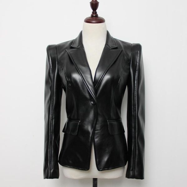 

women's suits & blazers s-xxl 2021 fashion texture pu leather lapel slim long sleeve one button casual commuter ol woman blazer, White;black