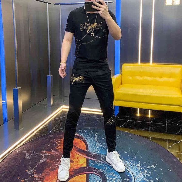 

hoodies europe men's summer season pants short suit personality leopard sequins around the skinny neck two trending pieces, Black