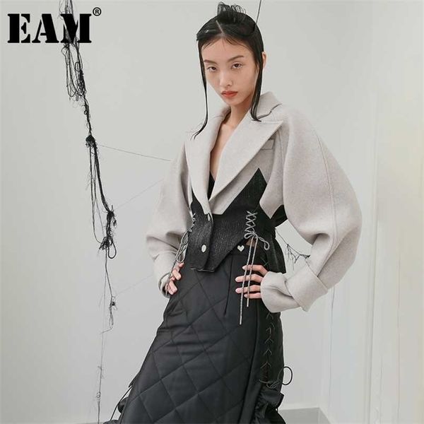 

[eam] loose fit contrast color bandage short woolen coat parkas long sleeve women fashion autumn winter 1dd2169 211104, Black