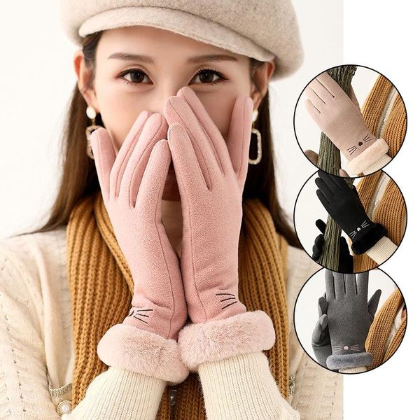 

sports gloves velvet women autumn winter cute furry warm full finger mittens outdoor sport female touch screen, Black