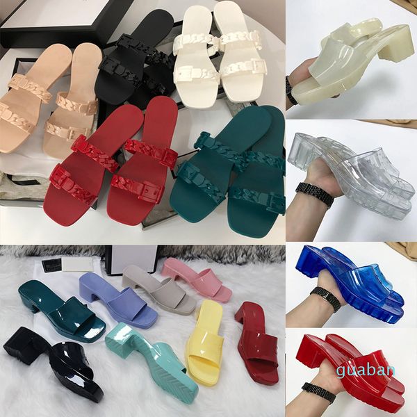 

women sandals high heels rubber slide sandal platform slipper chunky 2.4"heel height shoes summer candy colors embossed, Black