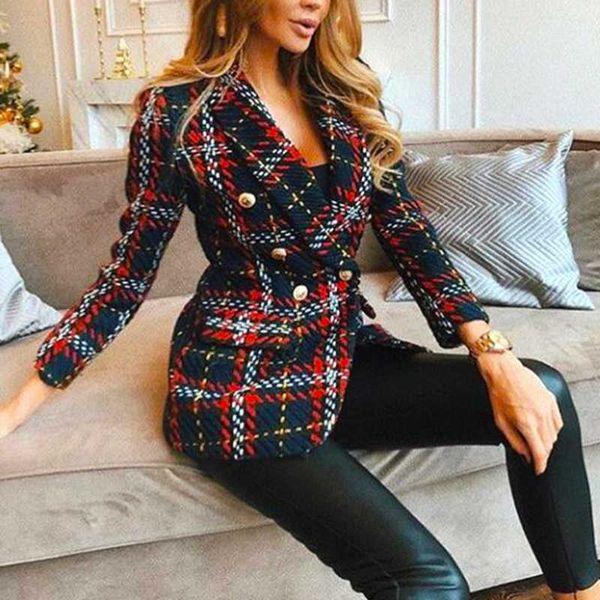 Blazer scozzese rosso 2021 Donna Primavera-Autunno Vintage T Abiti Giacche Ufficio Donna Chic Slim Blazer Ragazze Nappa Top Set Cappotto X0721