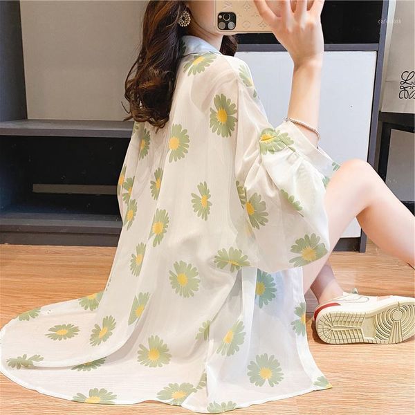 

women's t-shirt chiffon sun protection clothing long sleeve summer korean style loose mid-length little daisy shirt, White