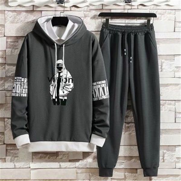 

mens pattern sports tracksuits fashion trend long sleeve thin hooded sweatshirt pants suits man spring loose casual running 2pcs sets, Gray