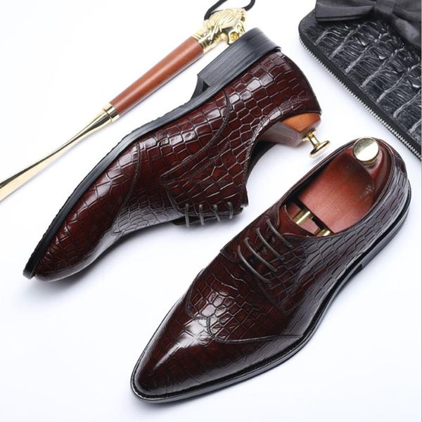 

men's crocodile pattern wedding shoes, fashion lace-up banquet business office layer cowhide shoes dress, Black