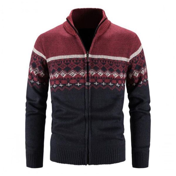 

men's sweaters zipper closure long sleeve sweater coat autumn winter print patchwork pockets stand collar knitted jacket knitwear, White;black