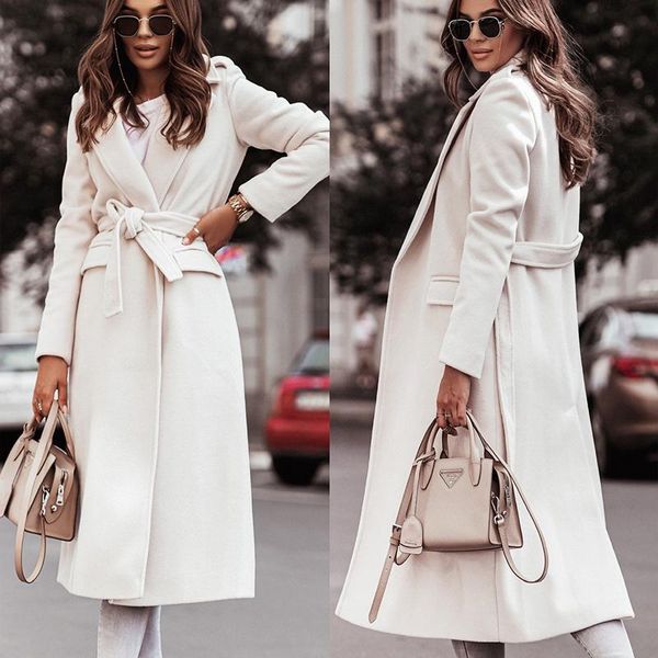 

women's wool & blends autumn winter long sleeved outerwear women simple lace-up solid cardigan coats elegant lapel jacket, Black