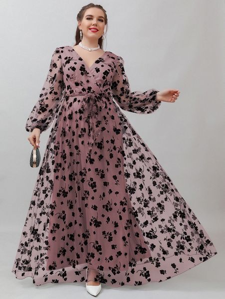 

plus contrast floral mesh belted maxi dress x7kr#, Black