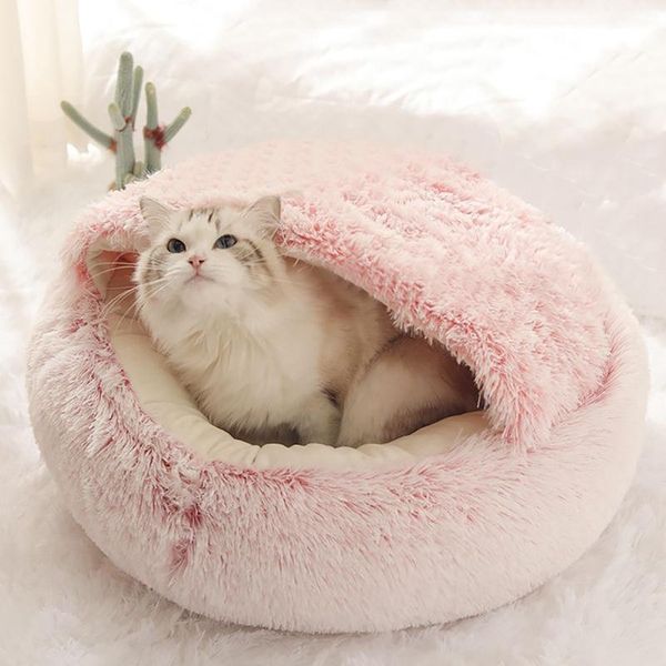

cat carriers,crates & houses semi closed super soft dog bed kennel winter warm round puppy sleeping cushion long plush pet mat house