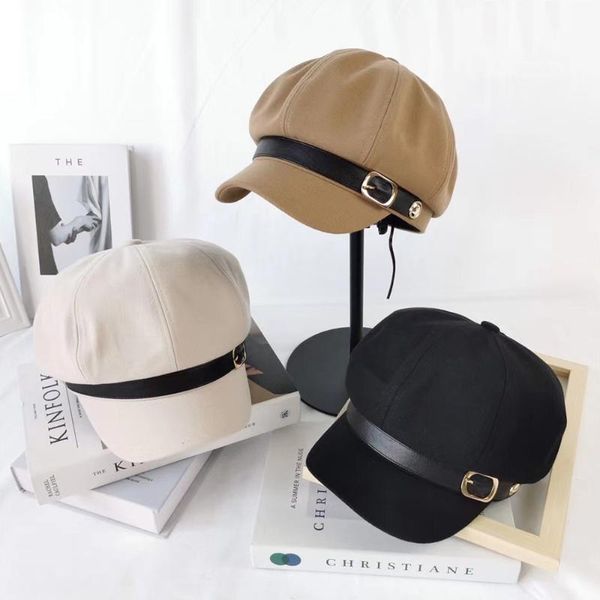 

berets 2021 women vintage leather buckle felt peaked cap outdoor beret caps girls autumn winer hats octagonal sboy hat, Blue;gray