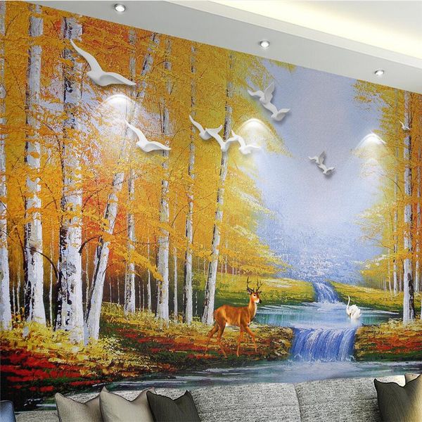 Beibehang 3D Qualquer tamanho Wandbild Foto Europäischen Stereo Ölgemälde Schwan See Wald Elch papel de parede 3d wand papier