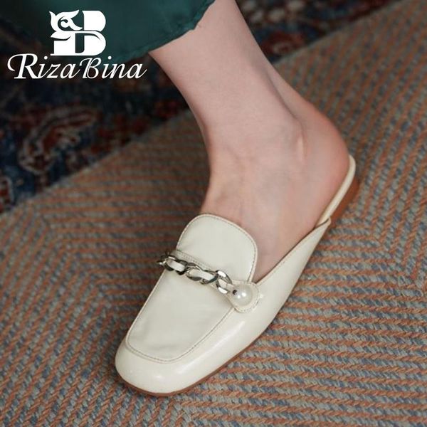 

sandals rizabina 2021 genuine leather shoes square toe metal chains pearl mules slip on loafers ladies footwear size 34-39, Black