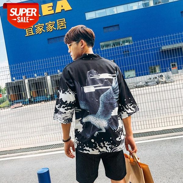 

harajuku wind wave sun protection clothing japanese-style jacket men's mid-length three-quarter sleeve cardigan shirt road gown kimono, White;black