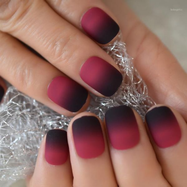 

gradient french ombre fake nail tips frosted matte nails wearable press on false fingernail short set1, Red;gold