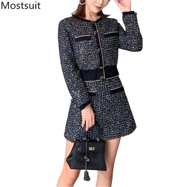 

autumn vintage elegant tweed two piece skirt suit sets women single-breasted coat + a-line mini ladies fashion outfit 210513, White