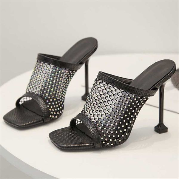 

slippers rome fashion mesh strange style women square open toe decoration rhinestone black footwear summers casual beach sandals