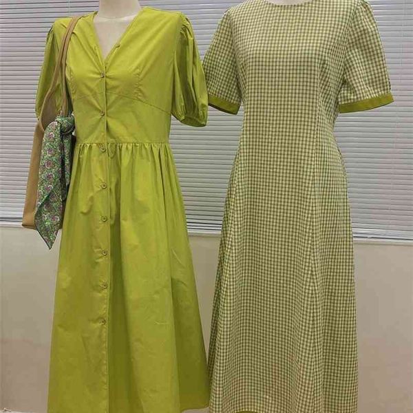 Mode Lime Green Midi Kleid Frau Laterne Ärmel V-Ausschnitt A V-Ausschnitt weibliche Urlaub Kleidung 210421