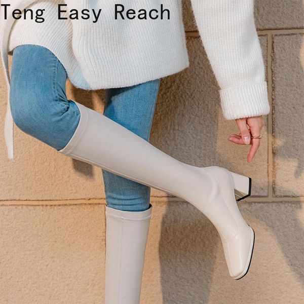 

boots brand women fashion high heels knee faux leather pointed toe slim thin heel winter warm female boot beige, Black