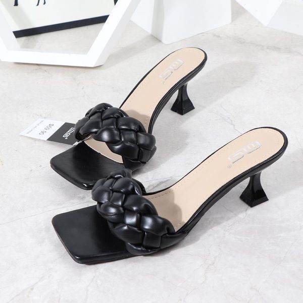 

dress shoes women summer women's sandals 2021 female slides square head hand-woven casual comfortable outdoor footwear, Black