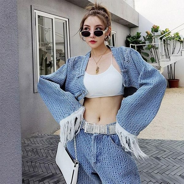 

women's two piece pants spring autumn women jeans suit fringed long sleeve crop high waist set fashion costume, White