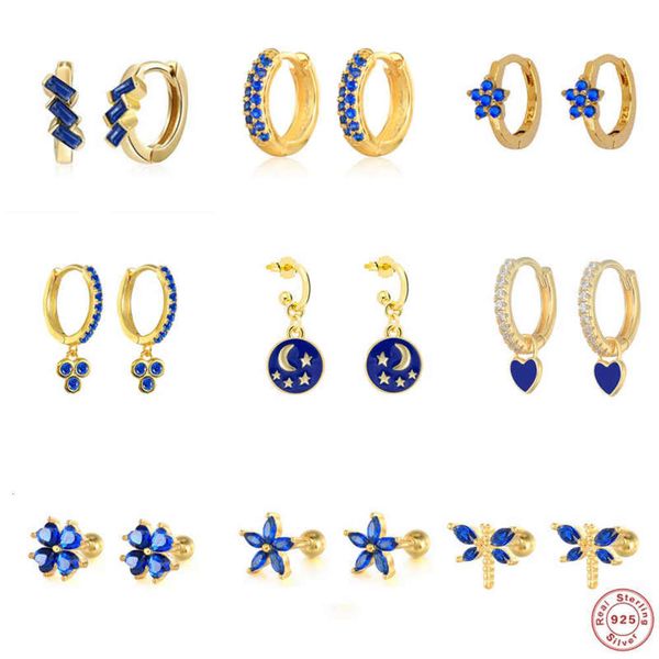 

sier 925 sterling enamel piercing earring blue crystal love heart star stud earrings plata 925 jewerly for women, Golden